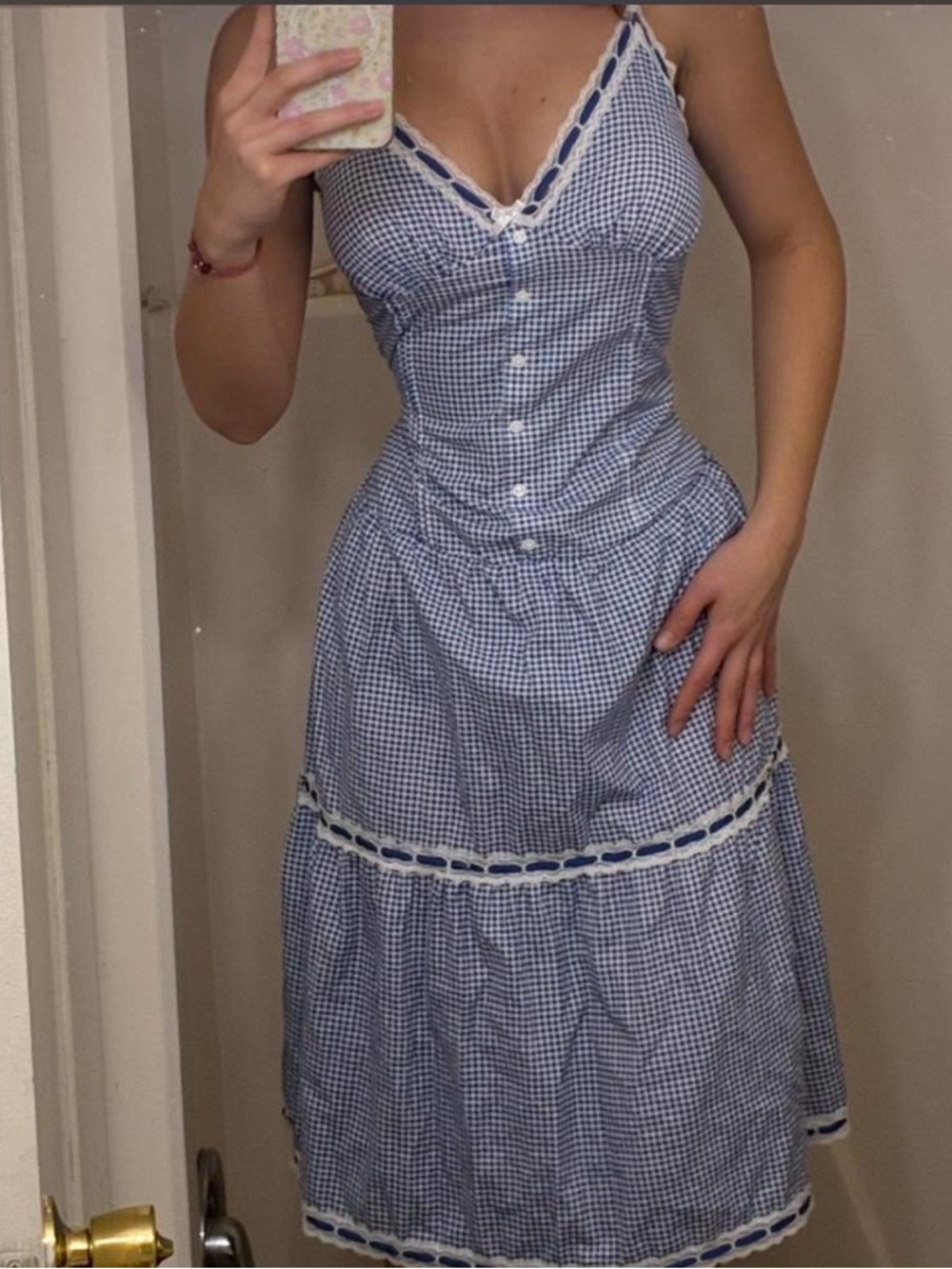 Frankie’s Bikinis Indiana Blue Gingham Button-Front Sundress with Lace Trim